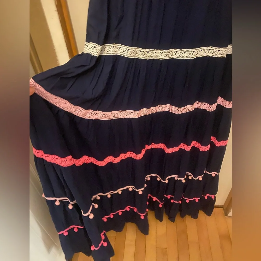 Crown & Ivy Navy Tiered Maxi Dress with Pink & White Trim with Pom Poms - Picture 4 of 7